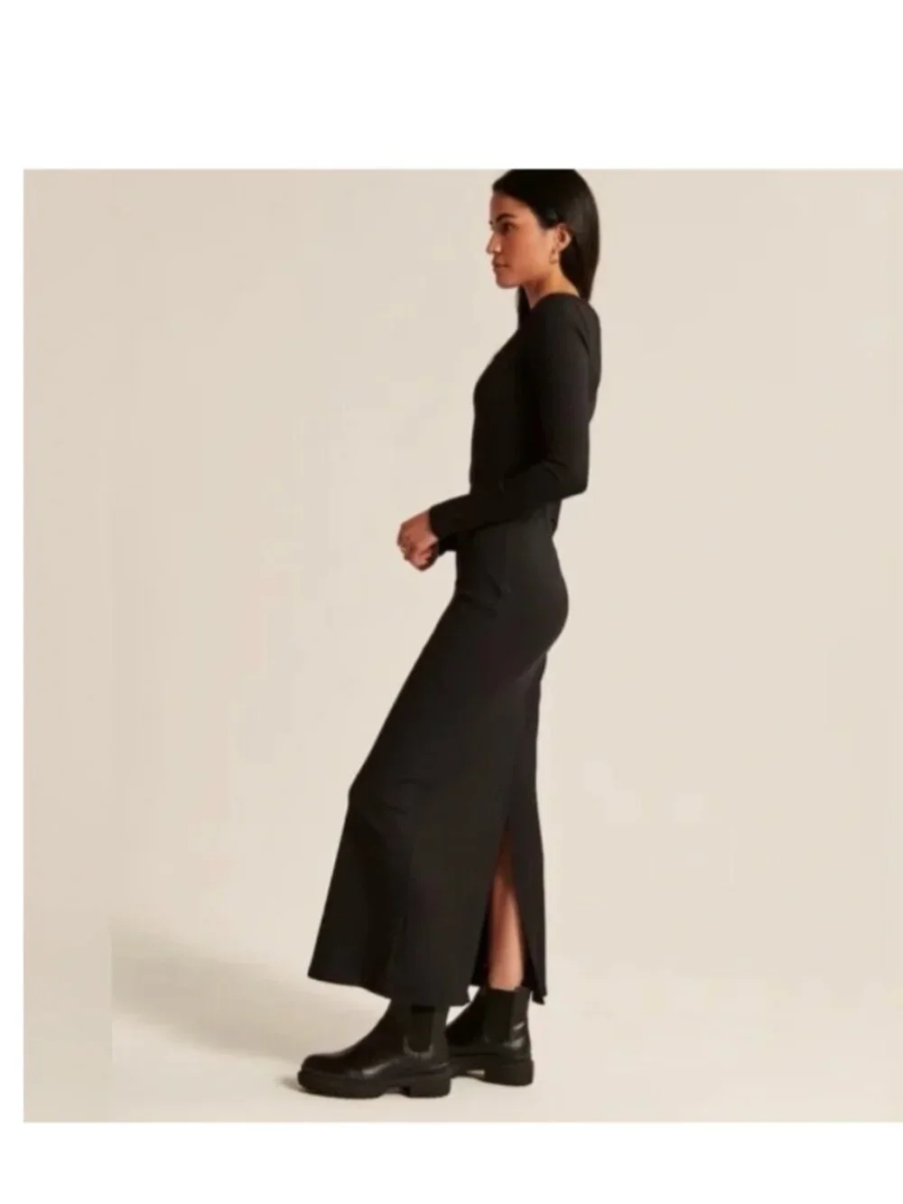 ABERCROMBIE & FITCH LONG SLEEVE RIBBED MAXI DRESS BLACK SIZE (MT) MEDIUM TALL